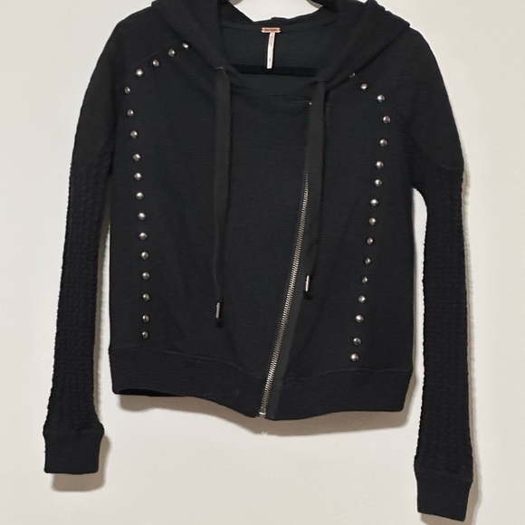 Free People MOTO Black‎ Studded Hoodie Jacket With Zipper Size Small - Picture 8 of 16